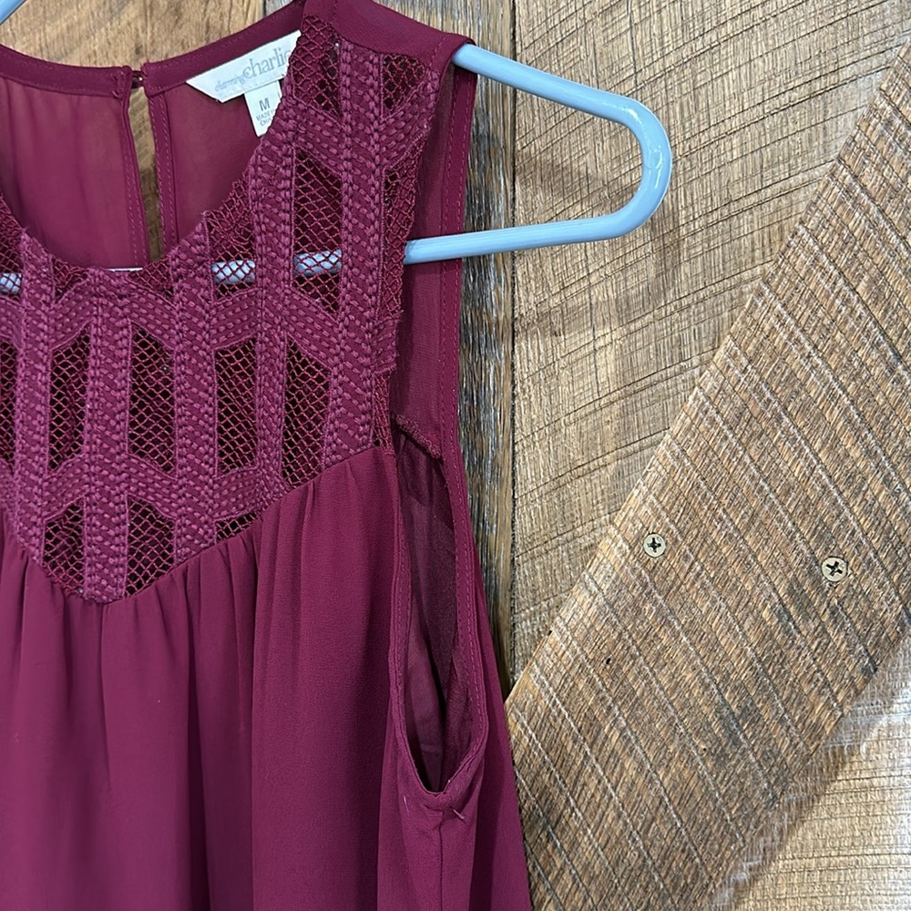 Charming Charlie dark wine lace front sheer overlay lined mini dress size medium - Picture 5 of 8